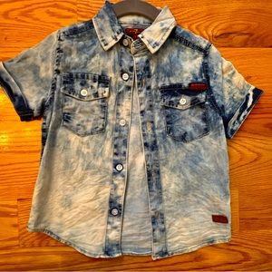 7 for All Mankind size 2T boys denim tie dye collared shirt.